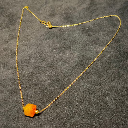 Abundance: Adjustable Gold Plated Necklace with Orange Peels Pyramid Cube Bead