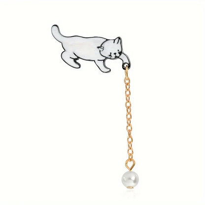 🐱✨ Playful Cat with Pearl Dangle Pin
